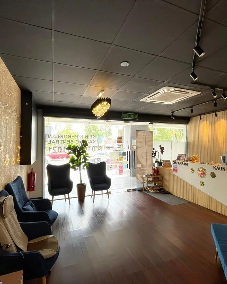 The clinic entrance seen from inside, with the front seating and reception